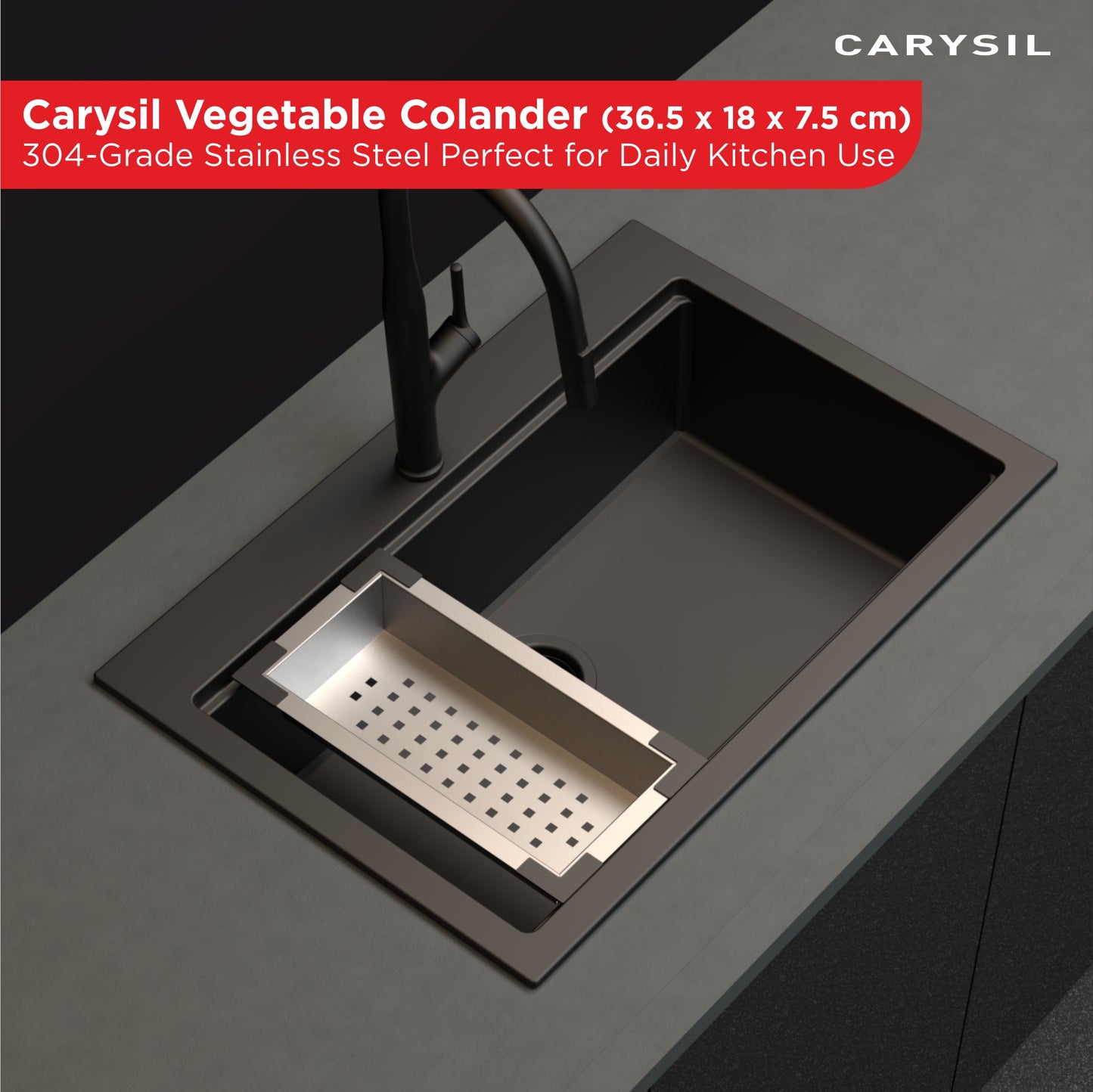 Carysil Stainless Steel Vegetable Colander for Kitchen Sink, Modern Kitchen Strainer, Rust Resistant, Compact, Easy Draining & Washing for Fruits, Vegetables, Pasta, 36.5x18x7.5 cm