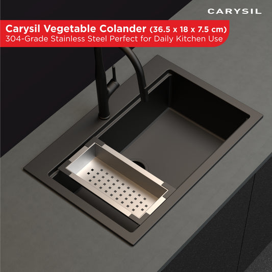 Carysil Stainless Steel Vegetable Colander for Kitchen Sink, Modern Kitchen Strainer, Rust Resistant, Compact, Easy Draining & Washing for Fruits, Vegetables, Pasta, 36.5x18x7.5 cm