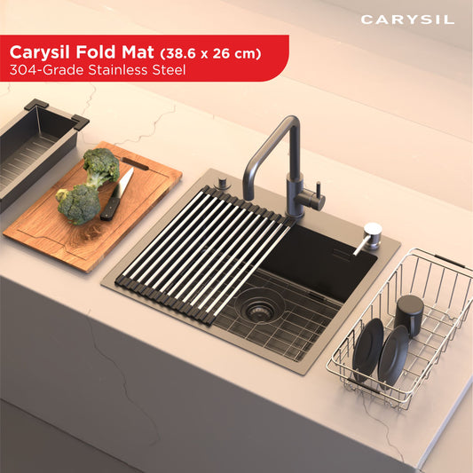 Carysil Fold Mat Roll Up Dish Drying Rack for Kitchen Sink, Multipurpose Stainless Steel Drainer, Heat Resistant, Anti-Slip, Anti-Rust, Space-Saving Drying Foldable Mat, 38.6x2.6x1.4 cm