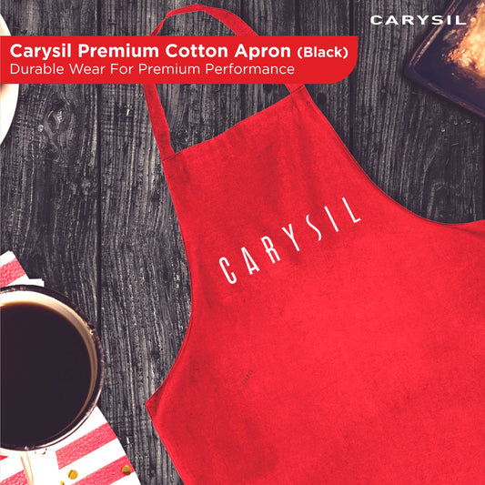 Carysil Premium 100% Cotton Apron with Front Center Pocket & Brand Embroidery, Machine Washable, Unisex Kitchen Apron for Home Use, Red Colour