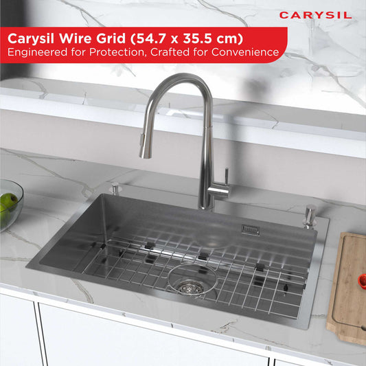 Carysil Wire Grid for Kitchen Sink, 304-Grade Stainless Steel, Metal Dish Drying Rack, Self Draining, Prevents Sliding, Kitchen Sink Accessories, 54.7x35.5x2.96 cm