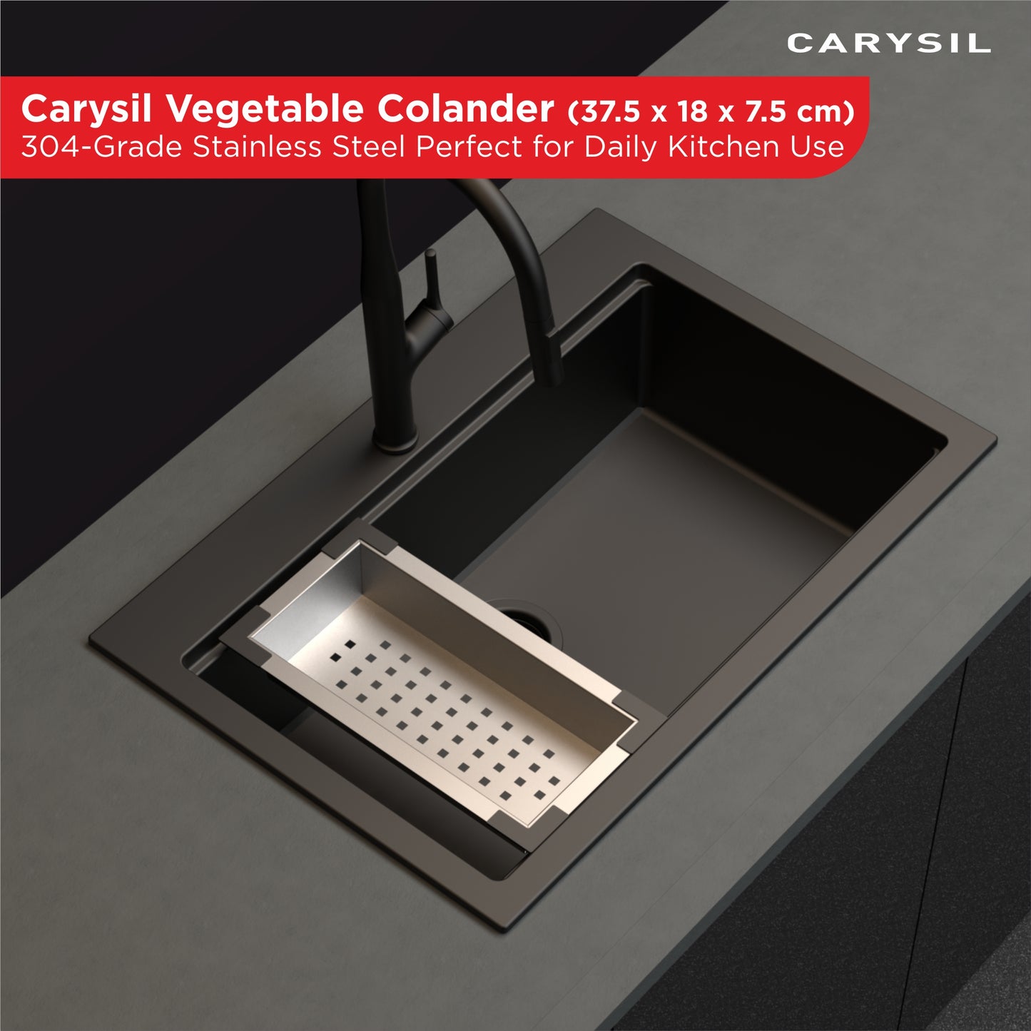 Carysil Stainless Steel Vegetable Colander for Kitchen Sink, Modern Kitchen Strainer, Rust Resistant, Compact, Easy Draining & Washing for Fruits, Vegetables, Pasta, 37.5x18x7.5 cm