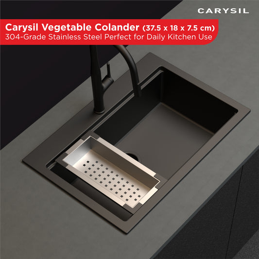 Carysil Stainless Steel Vegetable Colander for Kitchen Sink, Modern Kitchen Strainer, Rust Resistant, Compact, Easy Draining & Washing for Fruits, Vegetables, Pasta, 37.5x18x7.5 cm