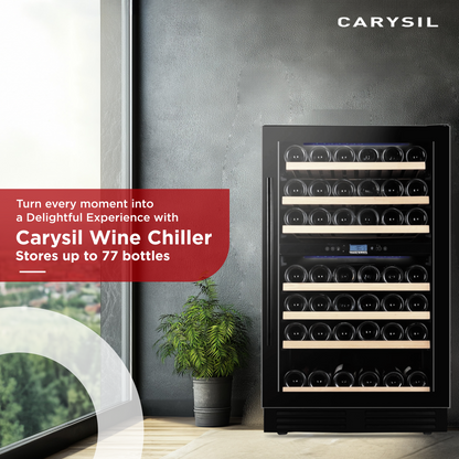 Carysil Wine Chiller, Stores up to 77 Bottles, Free Standing, Dual Cooling Zone (5°C-12°C White Wine & 12°C-20°C Red Wine), Adjustable Wooden Shelves with Toughened Glass Door, LED Display, Ideal for Home