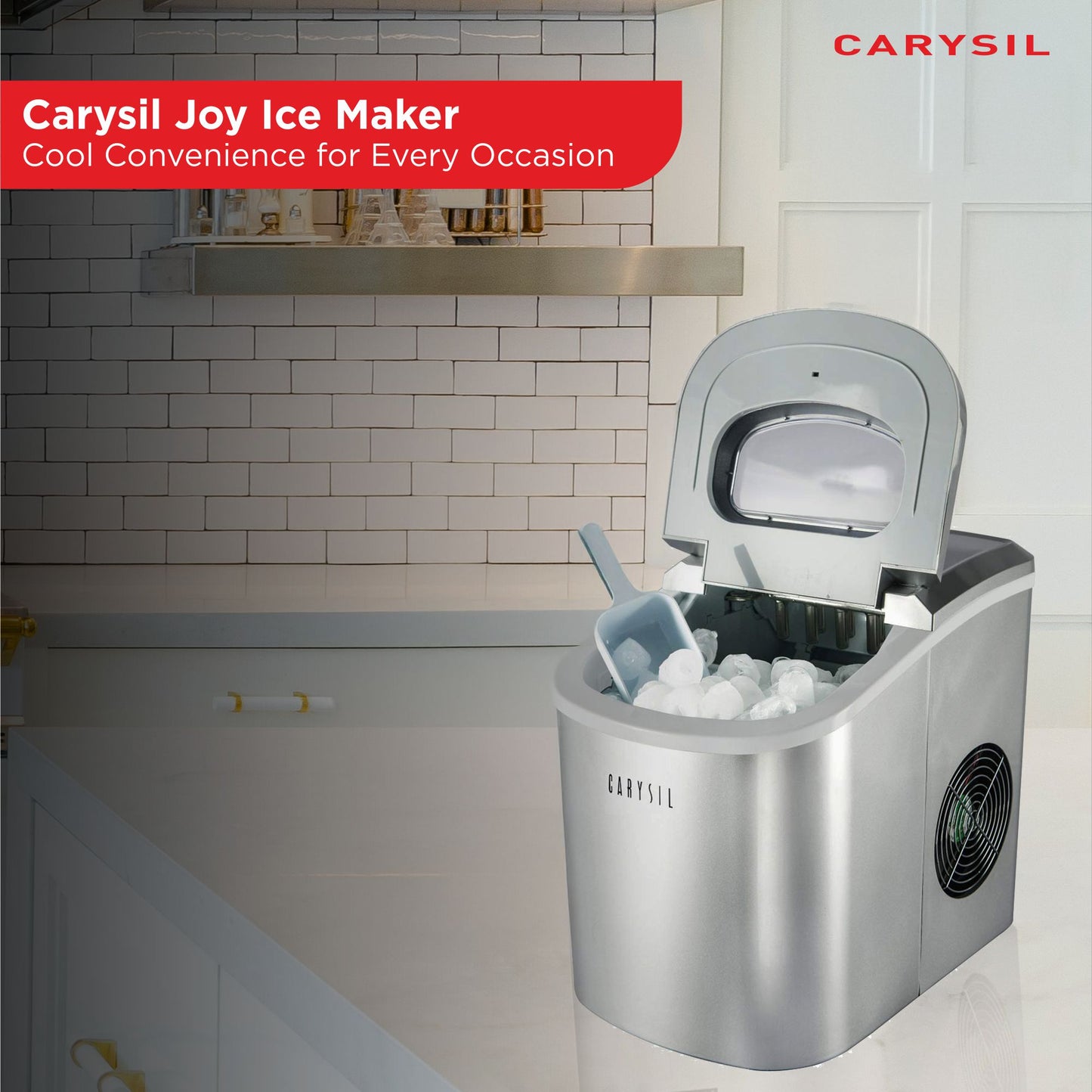Carysil Joy Portable Compact Countertop Ice Maker, Makes 9 Ice Cubes Per Cycle, 12kg/24h Quick Ice Production, SS Finish with Ice Scoop, User-Friendly Control Panel for Home, Office & Outdoor Use