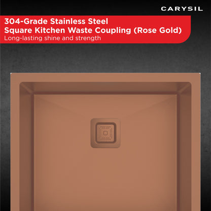 Carysil 304 Grade Stainless Steel Square Waste Coupling with Removable Waste Strainer Assembly, Corrosion-Resistant, Efficient Drainage System - Rose Gold PVD Finish