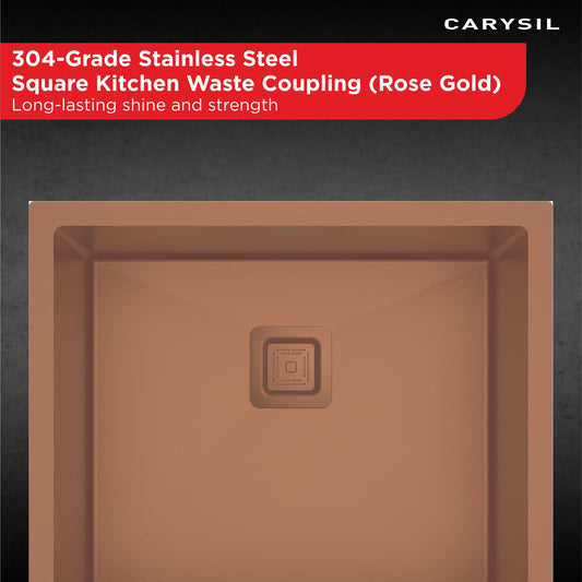Carysil 304 Grade Stainless Steel Square Waste Coupling with Removable Waste Strainer Assembly, Corrosion-Resistant, Efficient Drainage System - Rose Gold PVD Finish