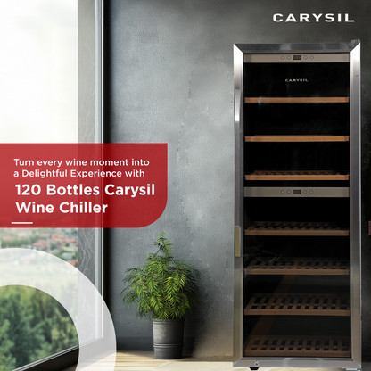 Carysil 120-Bottle Wine Chiller, Free Standing, Dual Cooling Zone (3°C-12°C White Wine & 12°C-20°C Red Wine), Adjustable Wooden Shelves with Toughened Glass Door, LED Display, Ideal for Home