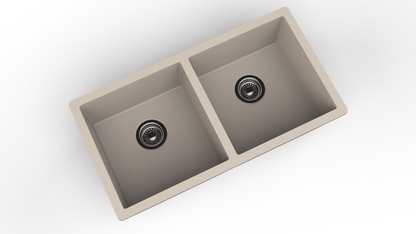 Carysil Quartz Dolce UK Series Double Bowl Kitchen Sink, Real Stone Finish, 304 Stainless Steel Coupling, Kitchen Sink with Sloping Drain, Noise Reduction Design, 34x18x8 inches, Cream