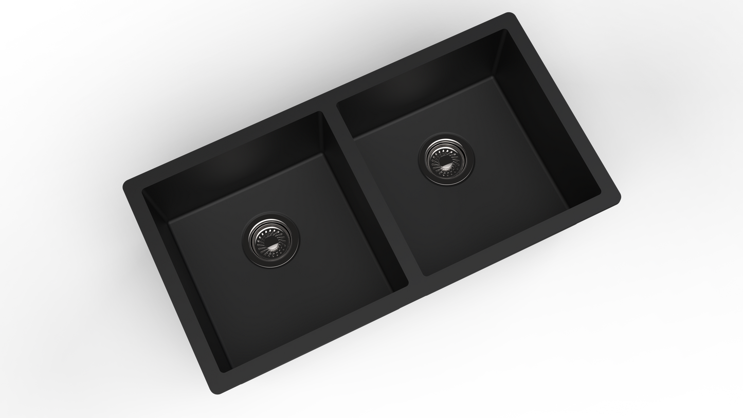 Carysil Quartz Dolce UK Series Double Bowl Kitchen Sink with 50 ml Cleaning Kit, Real Stone Finish, 304 Stainless Steel Coupling, Kitchen Sink with Sloping Drain, Noise Reduction Design, 34x18x8 inches, Pearl Black