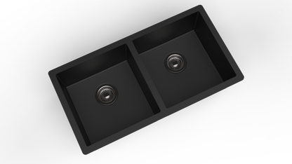 Carysil Quartz Dolce UK Series Double Bowl Kitchen Sink with 50 ml Cleaning Kit, Real Stone Finish, 304 Stainless Steel Coupling, Kitchen Sink with Sloping Drain, Noise Reduction Design, 34x18x8 inches, Pearl Black