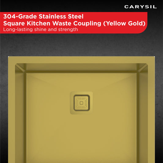 Carysil 304 Grade Stainless Steel Square Waste Coupling with Removable Waste Strainer Assembly, Corrosion-Resistant, Efficient Drainage System - Yellow Gold PVD Finish