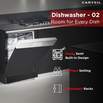 Carysil Semi Built-in Dishwasher DW-02, A++ Energy Class, 12 Place Setting, 6 Wash Programs, Touch Control Display, Water Consumption 11Ltr/cycle, 49 dB Low Noise Operation, Detergent Automation Sensor, Stainless Steel