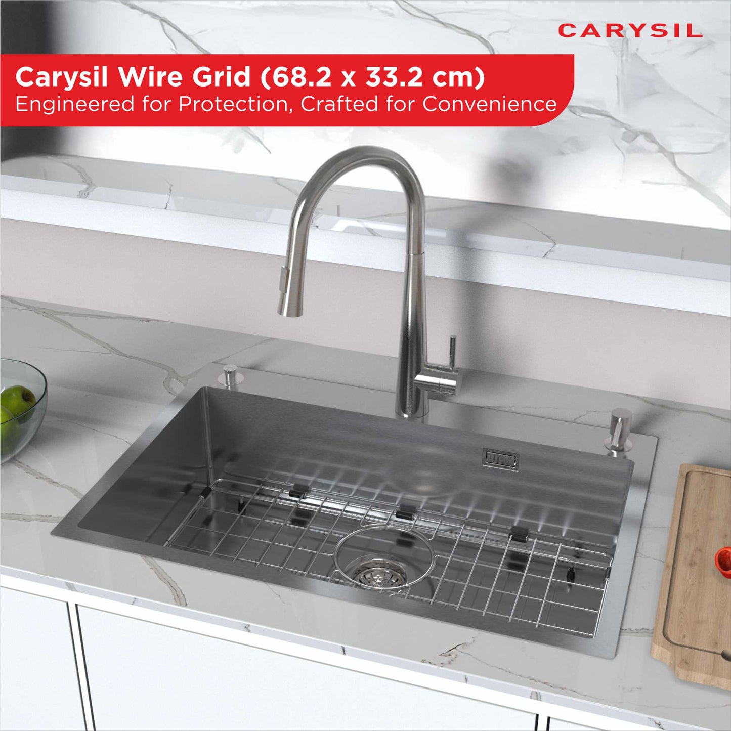 Carysil Wire Grid for Kitchen Sink, 304-Grade Stainless Steel, Metal Dish Drying Rack, Self Draining, Prevents Sliding, Kitchen Sink Accessories, 68.2x33.2x2.96 cm