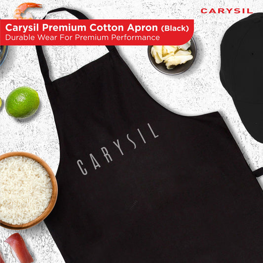 Carysil Premium 100% Cotton Apron with Front Center Pocket & Brand Embroidery, Machine Washable, Unisex Kitchen Apron for Home Use, Black Colour