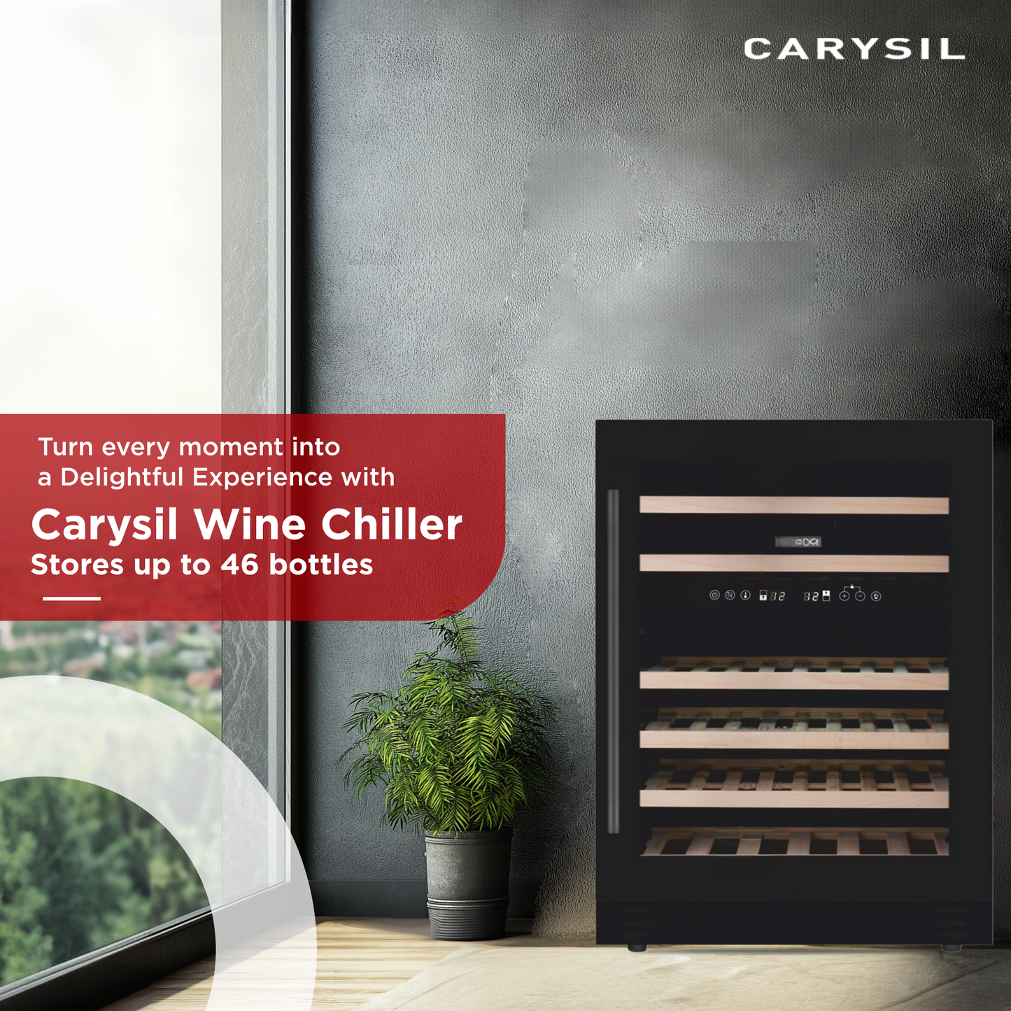 Carysil Wine Chiller, Stores up to 46 Bottles, Free Standing, Dual Cooling Zone (5°C-12°C White Wine & 12°C-20°C Red Wine),  Adjustable Wooden Shelves with Toughened Glass Door, LED Display, Ideal for Home