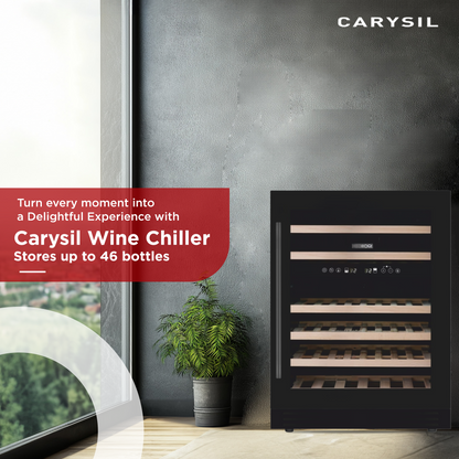 Carysil Wine Chiller, Stores up to 46 Bottles, Free Standing, Dual Cooling Zone (5°C-12°C White Wine & 12°C-20°C Red Wine),  Adjustable Wooden Shelves with Toughened Glass Door, LED Display, Ideal for Home