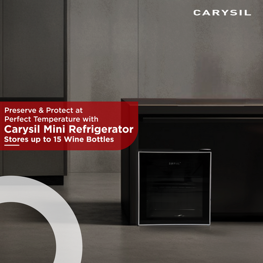 Carysil Mini Refrigerator, Stores up to 15 Wine Bottles, Free Standing, Single Cooling Zone (5°C-20°C), Manual Temperature Control, Toughened Glass Door, Compact and Stylish, Ideal for Home