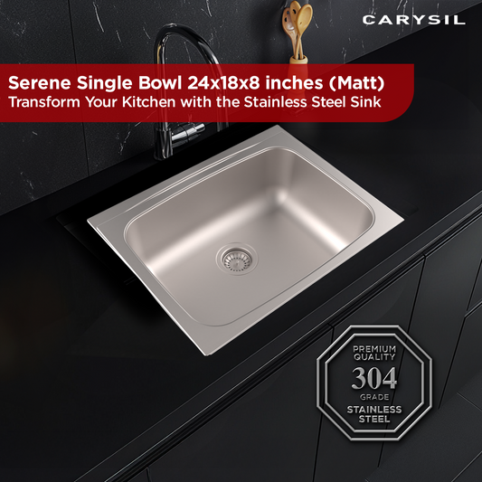 Carysil Serene Single Bowl Kitchen Sink, Stainless Steel Kitchen Sink, 304 Stainless Steel Coupling, Noise Reduction Design, Deep Bowl with Sloping Drain, 24x18x8 inches, Matt Finish