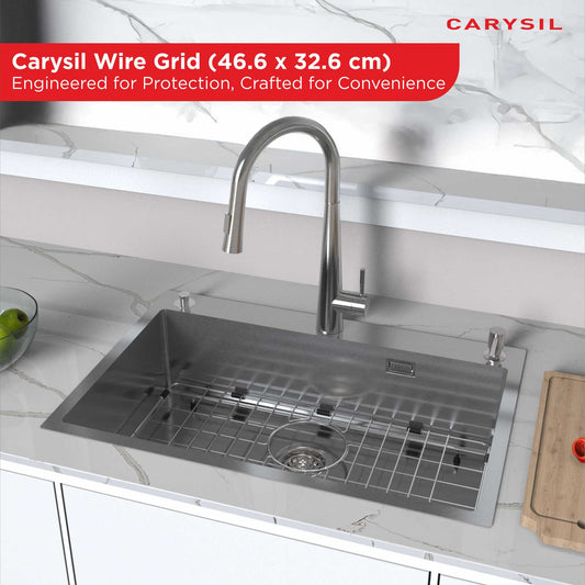 Carysil Wire Grid for Kitchen Sink, 304-Grade Stainless Steel, Metal Dish Drying Rack, Self Draining, Prevents Sliding, Kitchen Sink Accessories, 46.6x32.6x2.96 cm