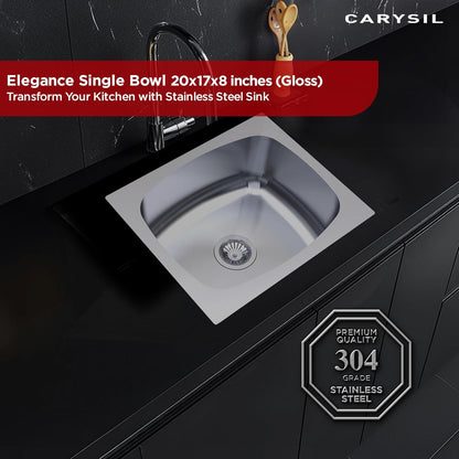 Carysil Elegance Series Single Bowl Kitchen Sink, Stainless Steel Kitchen Sink, 304 Stainless Steel Coupling, Noise Reduction Design, Deep Bowl with Sloping Drain, 20x17x8 inches, Glossy Finish