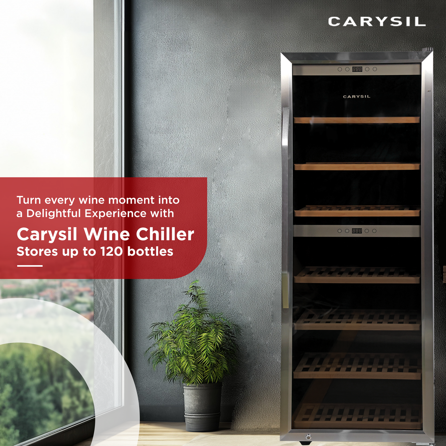 Carysil Wine Chiller, Stores up to 120 Bottles, Free Standing, Dual Cooling Zone (3°C-12°C White Wine & 12°C-20°C Red Wine), Adjustable Wooden Shelves with Toughened Glass Door, LED Display, Ideal for Home