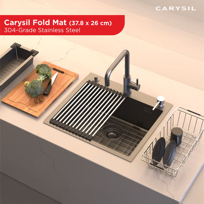 Carysil Fold Mat Roll Up Dish Drying Rack for Kitchen Sink, Multipurpose Stainless Steel Drainer, Heat Resistant, Anti-Slip, Anti-Rust, Space-Saving Drying Foldable Mat, 37.8x2.6x1.4 cm