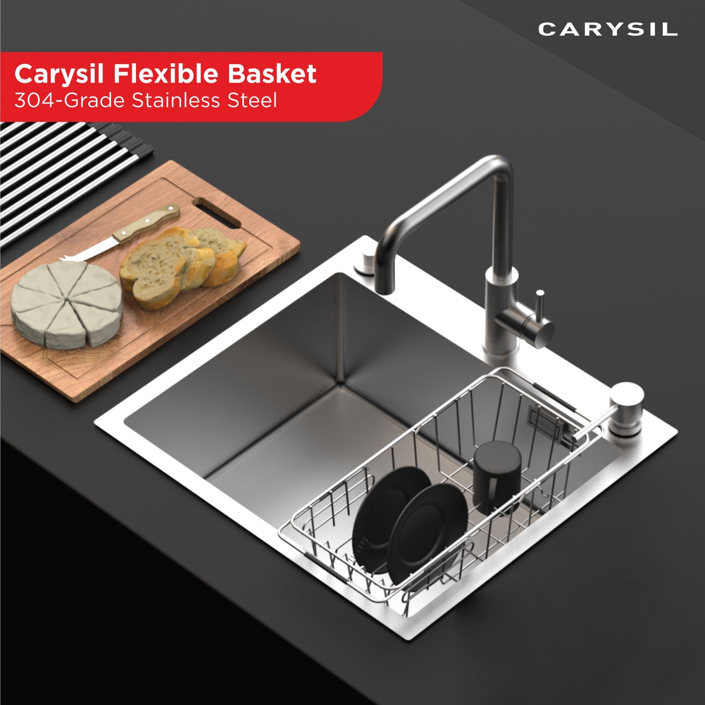Carysil Multipurpose 304-Grade Stainless Steel Rust-Resistant, Expandable Kitchen Basket for Straining Vegetables, Fruits, and More, Ideal for Daily Use, Easy to Clean, Durable