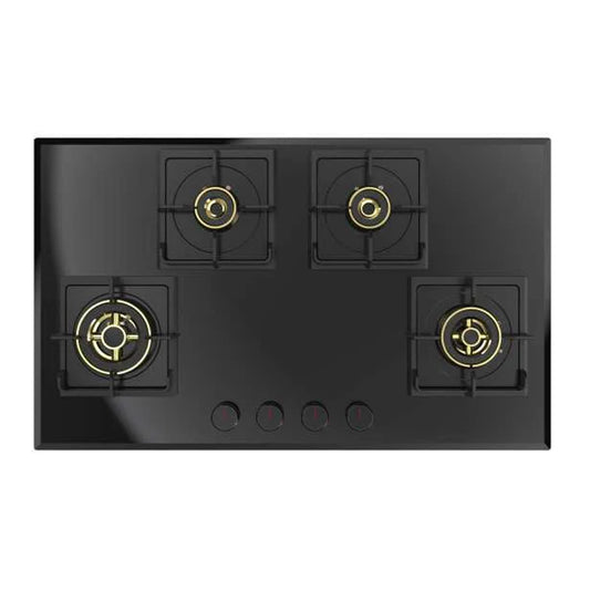 Carysil Tek Plus 90cm Built-in Hob, 4 Brass Burner, Square Cast Iron Pan Support, Flame Failure Device, Battery Ignition, Designer Metal Knob, 8mm Black Tempered Glass, Stainless Steel