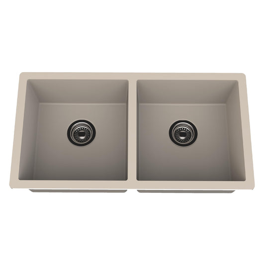 Carysil Quartz Dolce UK Series Double Bowl Kitchen Sink, Real Stone Finish, 304 Stainless Steel Coupling, Kitchen Sink with Sloping Drain, Noise Reduction Design, 34x18x8 inches, Cream