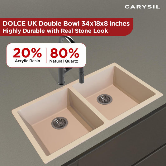 Carysil Quartz Dolce UK Series Double Bowl Kitchen Sink, Real Stone Finish, 304 Stainless Steel Coupling, Kitchen Sink with Sloping Drain, Noise Reduction Design, 34x18x8 inches, Cream