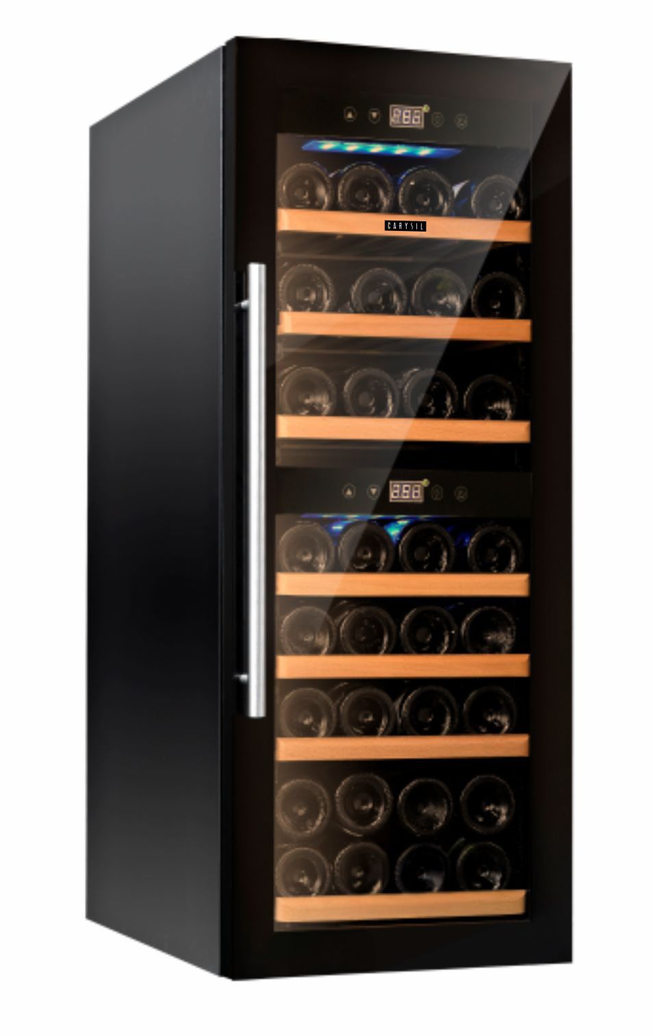 Carysil 38-Bottle Wine Chiller, Free Standing, Dual Cooling Zone (3°C-12°C White Wine & 12°C-20°C Red Wine), Adjustable Wooden Shelves with Toughened Glass Door, LED Display, Ideal for Home