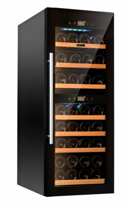 Carysil 38-Bottle Wine Chiller, Free Standing, Dual Cooling Zone (3°C-12°C White Wine & 12°C-20°C Red Wine), Adjustable Wooden Shelves with Toughened Glass Door, LED Display, Ideal for Home