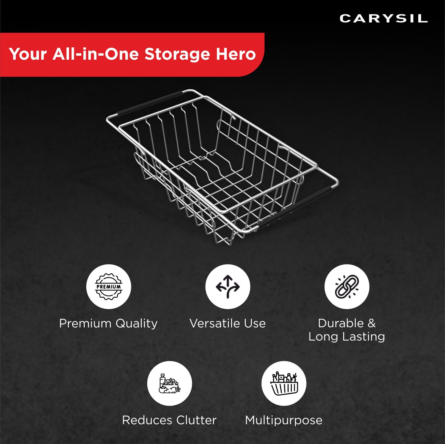 Carysil Multipurpose 304-Grade Stainless Steel Rust-Resistant, Expandable Kitchen Basket for Straining Vegetables, Fruits, and More, Ideal for Daily Use, Easy to Clean, Durable