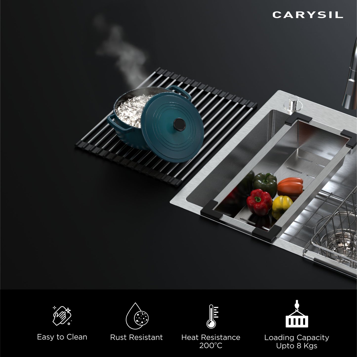Carysil Fold Mat Roll Up Dish Drying Rack for Kitchen Sink, Multipurpose Stainless Steel Drainer, Heat Resistant, Anti-Slip, Anti-Rust, Space-Saving Drying Foldable Mat, 36.8x2.6x1.4 cm