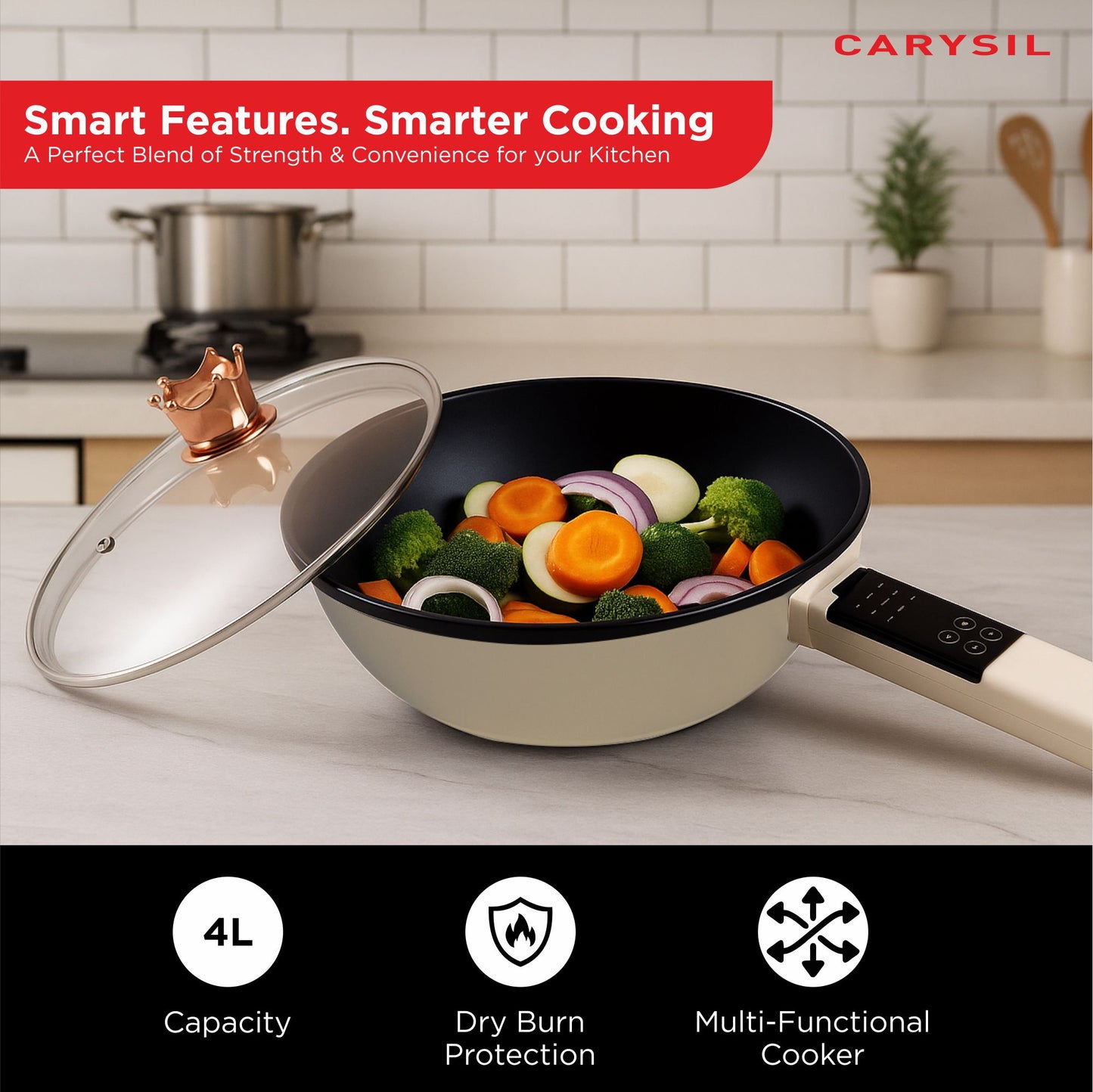 Carysil Multi-Function Cooking Pot 4L Capacity, Multifunctional Electric Pot, Portable Ramen Cooker, Non-stick Mini Hot Pot for Steak, Egg, Oatmeal, Soup with Power Adjustable