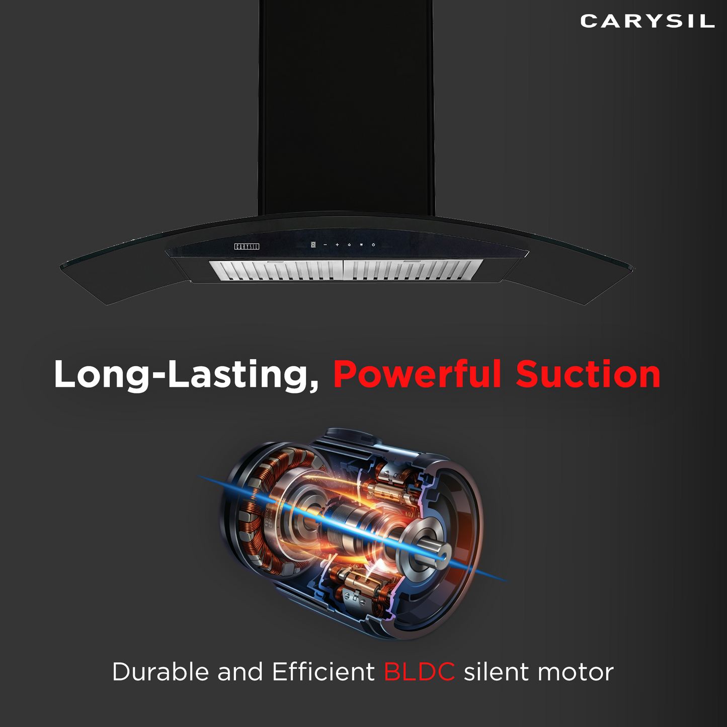 Carysil Rome 90 cm Kitchen Chimney, Curved Shape, 1250 m³/hr Suction Capacity, Baffle Filter, BLDC Silent Motor, A-Energy Class, 9-Speed Touch Control, LED Lamp, Lifetime Warranty
