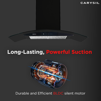 Carysil Rome 90 cm Kitchen Chimney, Curved Shape, 1250 m³/hr Suction Capacity, Baffle Filter, BLDC Silent Motor, A-Energy Class, 9-Speed Touch Control, LED Lamp, Lifetime Warranty
