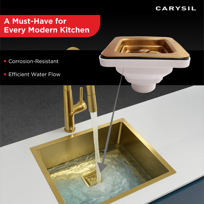 Carysil 304 Grade Stainless Steel Square Waste Coupling with Removable Waste Strainer Assembly, Corrosion-Resistant, Efficient Drainage System - Yellow Gold PVD Finish