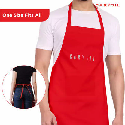 Carysil Premium 100% Cotton Apron with Front Center Pocket & Brand Embroidery, Machine Washable, Unisex Kitchen Apron for Home Use, Red Colour