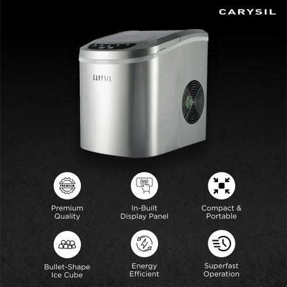 Carysil Joy Portable Compact Countertop Ice Maker, Makes 9 Ice Cubes Per Cycle, 12kg/24h Quick Ice Production, SS Finish with Ice Scoop, User-Friendly Control Panel for Home, Office & Outdoor Use