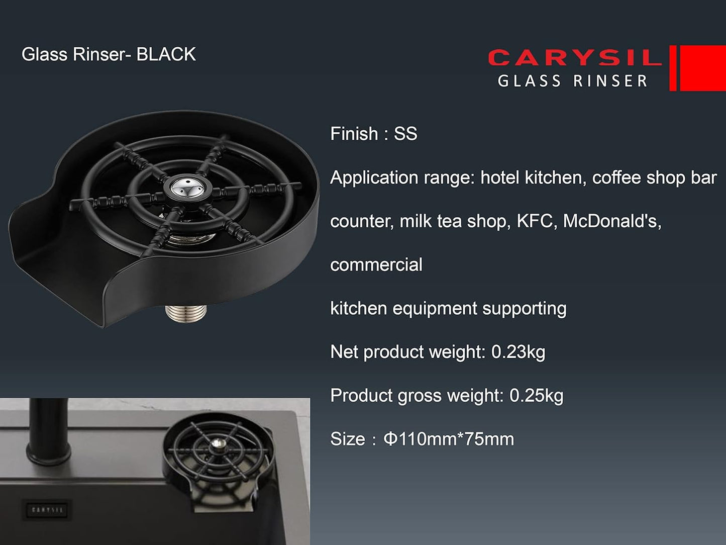 Carysil Glass Rinser for Kitchen Sink, Automatic Cup Washer for Kitchen Sink, 304-grade Stainless Steel, 5 Spray Holes, Bar Glass Rinser and Bottle Rinser, Matt Black Finish