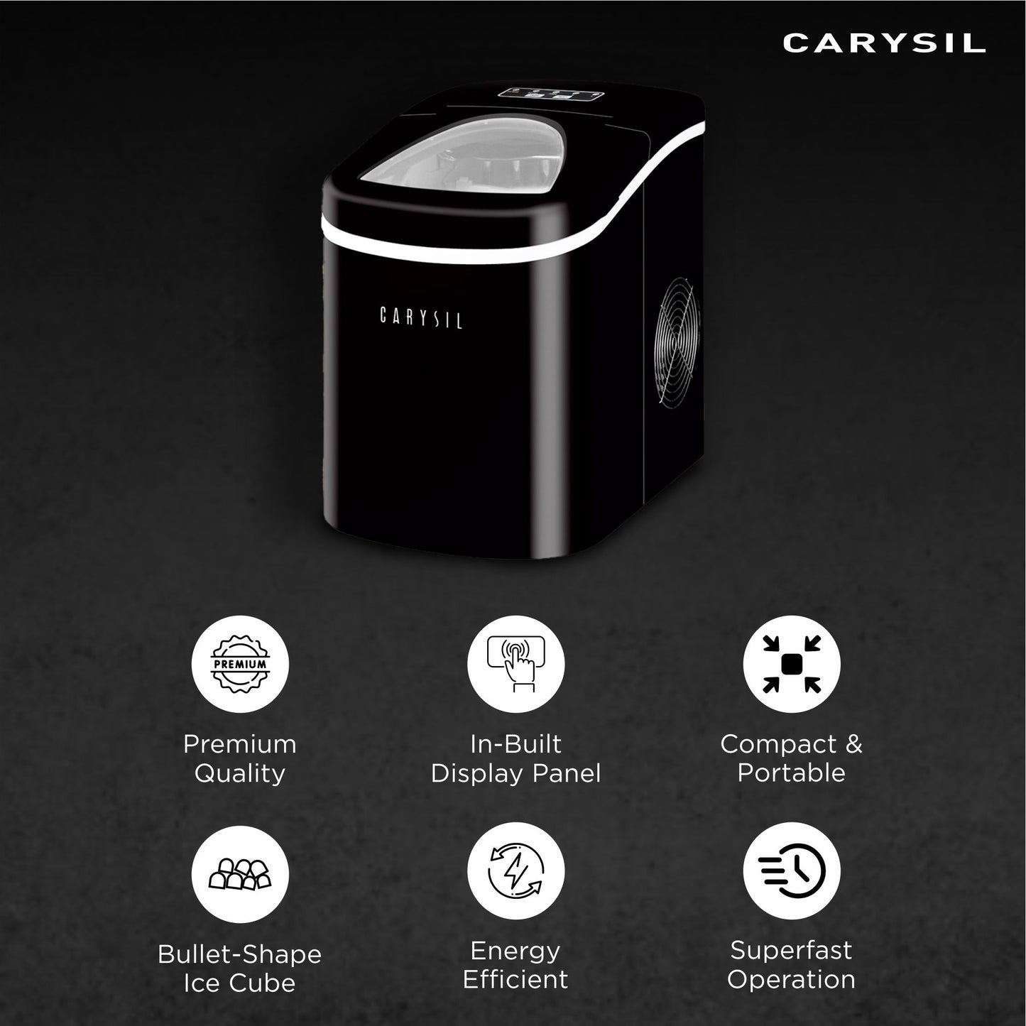 Carysil Sparkle Portable Compact Countertop Ice Maker, Makes 9 Ice Cubes Per Cycle, 12kg/24h Quick Ice Production, SS Finish with Ice Scoop, User-Friendly Control Panel for Home, Office & Outdoor Use