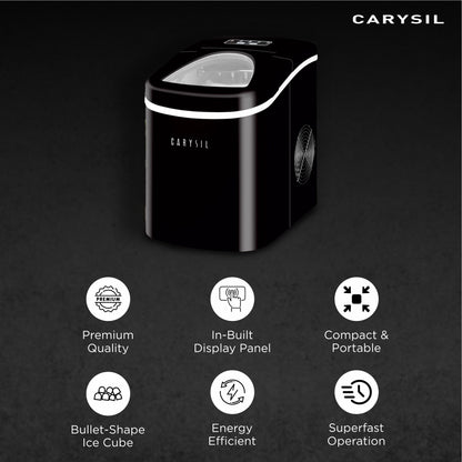 Carysil Sparkle Portable Compact Countertop Ice Maker, Makes 9 Ice Cubes Per Cycle, 12kg/24h Quick Ice Production, SS Finish with Ice Scoop, User-Friendly Control Panel for Home, Office & Outdoor Use