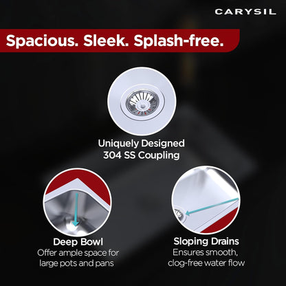 Carysil Elegance Series Single Bowl Kitchen Sink, Stainless Steel Kitchen Sink, 304 Stainless Steel Coupling, Noise Reduction Design, Deep Bowl with Sloping Drain, 20x17x8 inches, Glossy Finish