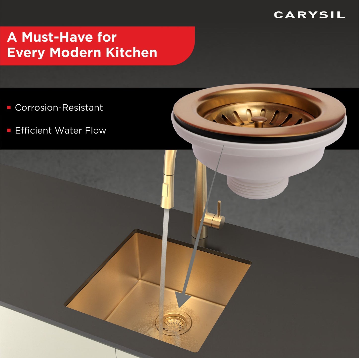 Carysil Round Waste Coupling for Kitchen Sink, Premium 304-grade Stainless Steel Coupling, Removable Waste Strainer for Kitchen Sink, Rust-Free, Corrosion-Resistant, Yellow Gold PVD Finish