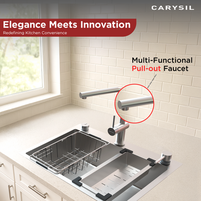 Carysil All-in-one Workstation Sink, 304 Stainless Steel Kitchen Sink with Pull-out Faucet, Soap Dispenser, Chopping Board, Flexible Basket, Colander, 22x20x8 inches, Chrome