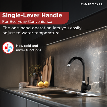 Carysil Alpha 1504 Modern Kitchen Faucet, High Arc with 360-Degree Swivel, Single-Lever Handle for Hot/Cold Water, Nera, 5-Year Warranty