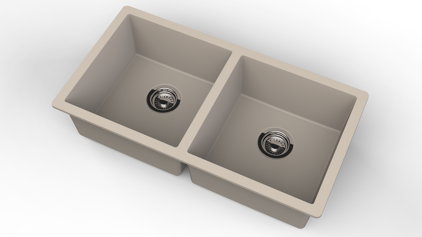 Carysil Quartz Dolce UK Series Double Bowl Kitchen Sink, Real Stone Finish, 304 Stainless Steel Coupling, Kitchen Sink with Sloping Drain, Noise Reduction Design, 34x18x8 inches, Cream