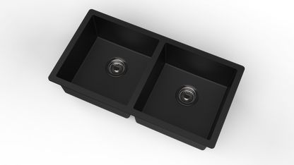 Carysil Quartz Dolce UK Series Double Bowl Kitchen Sink with 50 ml Cleaning Kit, Real Stone Finish, 304 Stainless Steel Coupling, Kitchen Sink with Sloping Drain, Noise Reduction Design, 34x18x8 inches, Pearl Black